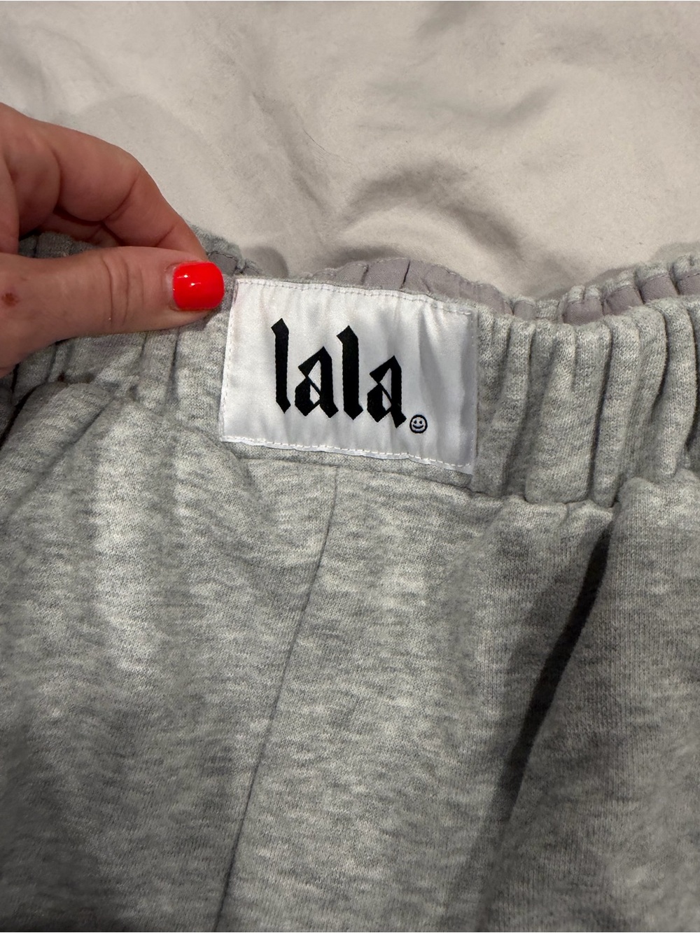 Dressed in LALA Light Gray Sweatpants with LALA Label - Picture 3 of 5